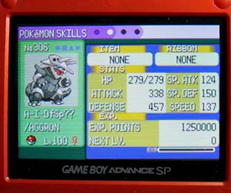 First completed Aggron. Adamant Nature, perfect IVs in Defense and Speed, also EV trained in Attack and Defense.